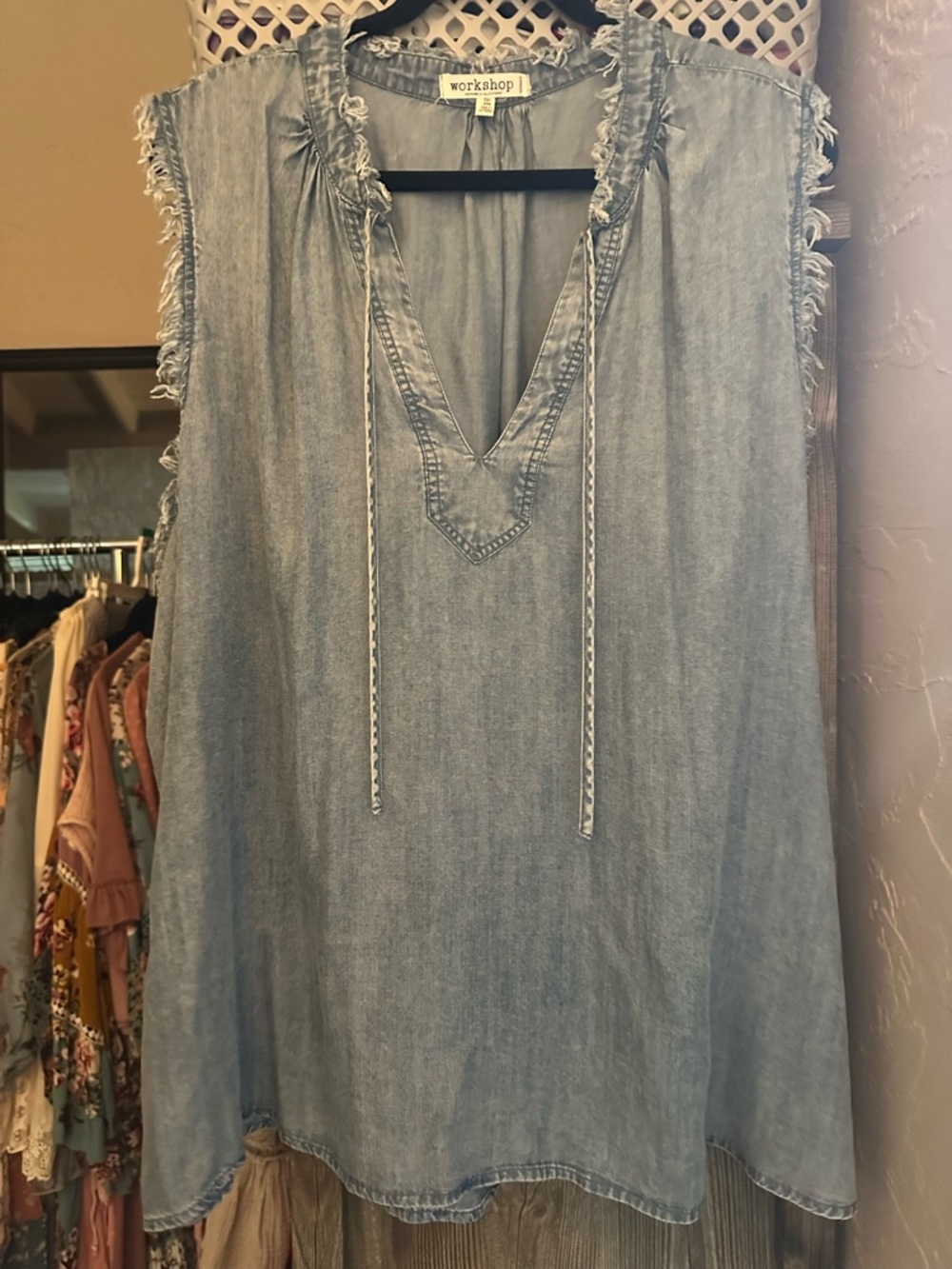 Chambray Tunic with Frayed Trim